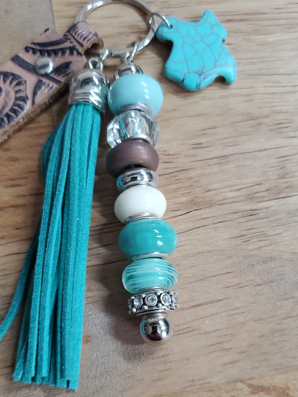 Blue And Green Tassel Beaded Keychain with Charm